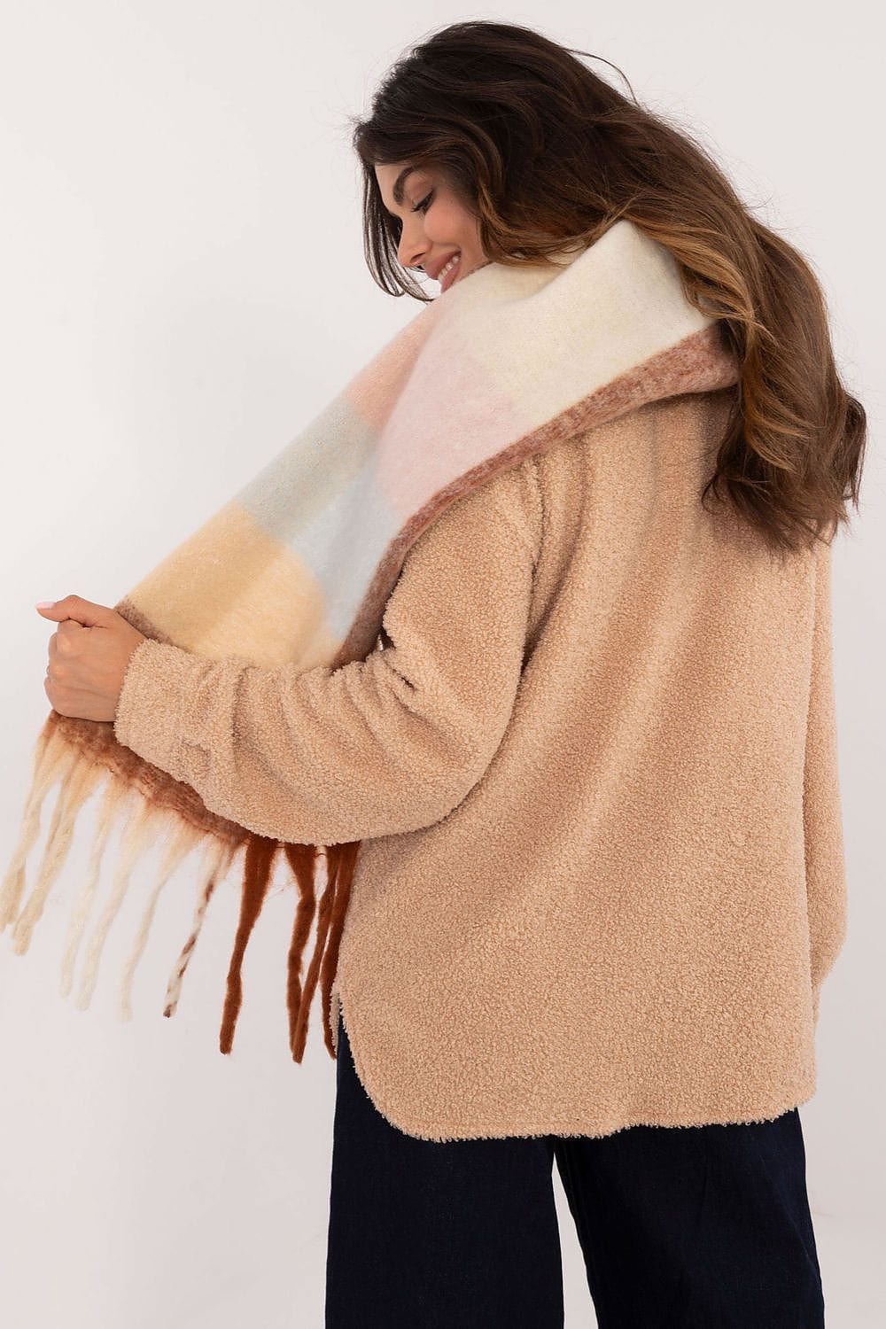 Women Check Pattern Scarf Polyester Tassels - ShalayeFashion