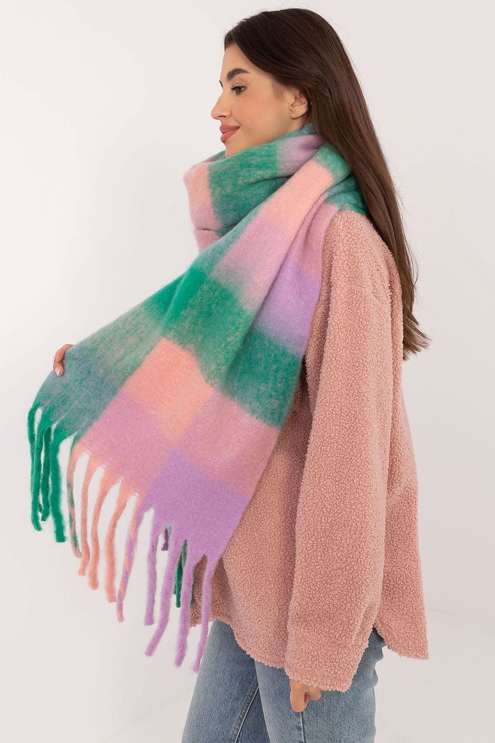 Women Check Pattern Scarf Polyester Tassels - ShalayeFashion