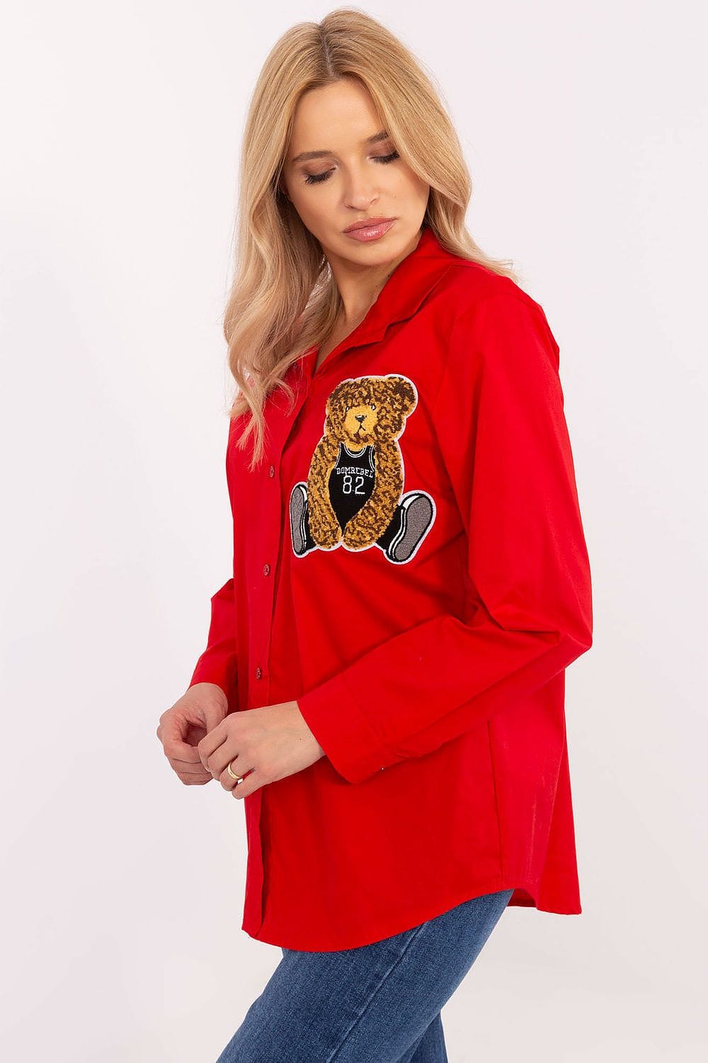 Women Cotton Shirt Teddy Bear Patch - ShalayeFashion
