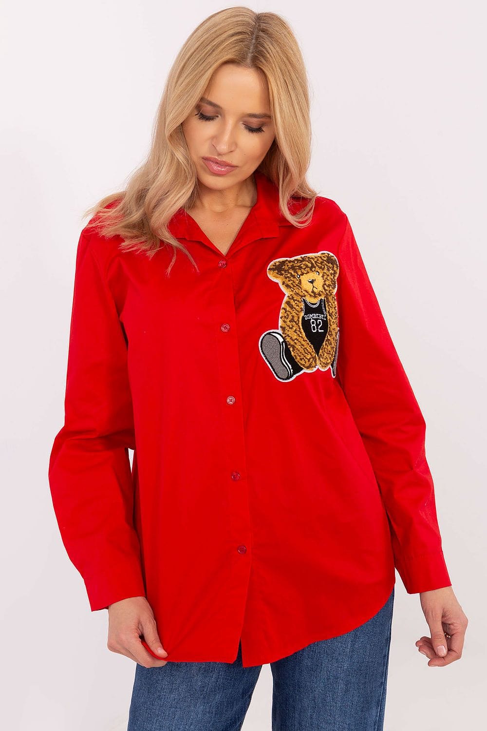 Women Cotton Shirt Teddy Bear Patch - ShalayeFashion