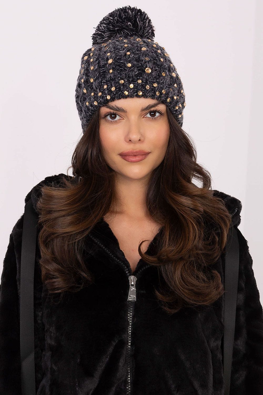 Women Elegant Beanie Rhinestone Pom - ShalayeFashion