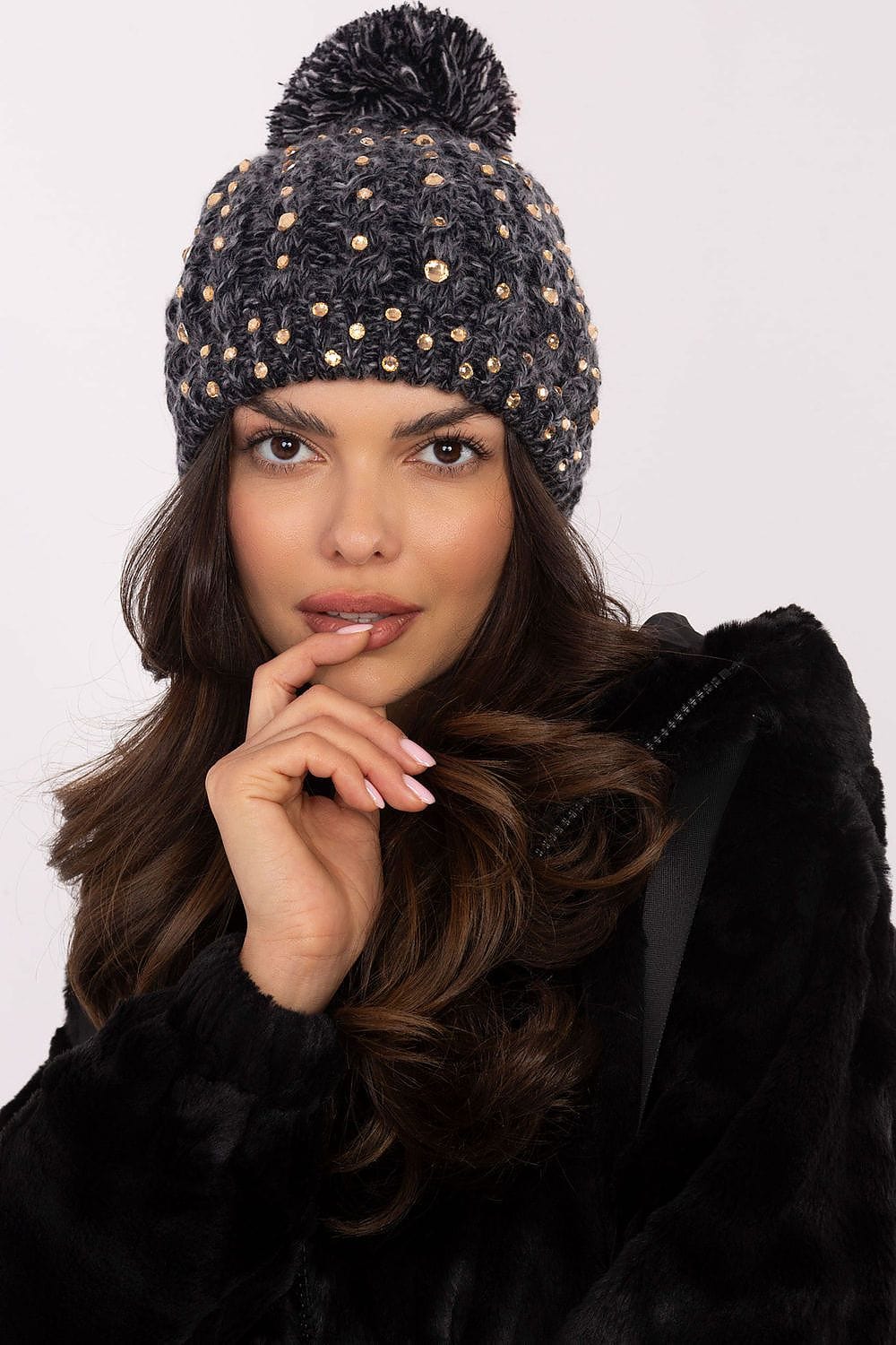 Women Elegant Beanie Rhinestone Pom - ShalayeFashion