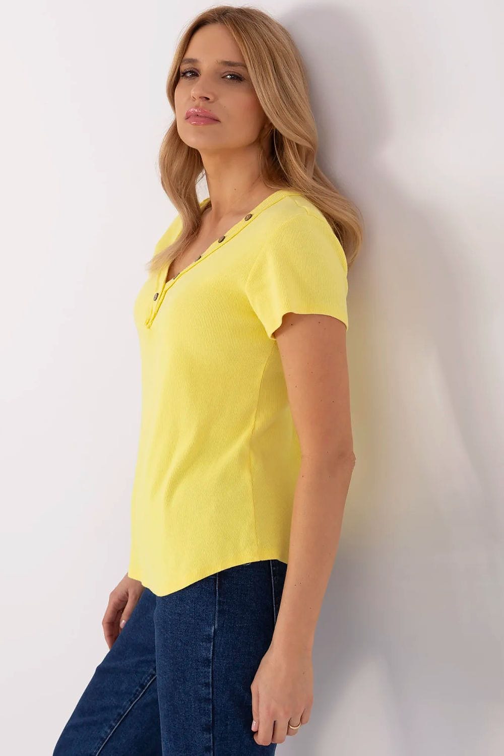 Women Fitted Blouse V Neck Ribbed - ShalayeFashion