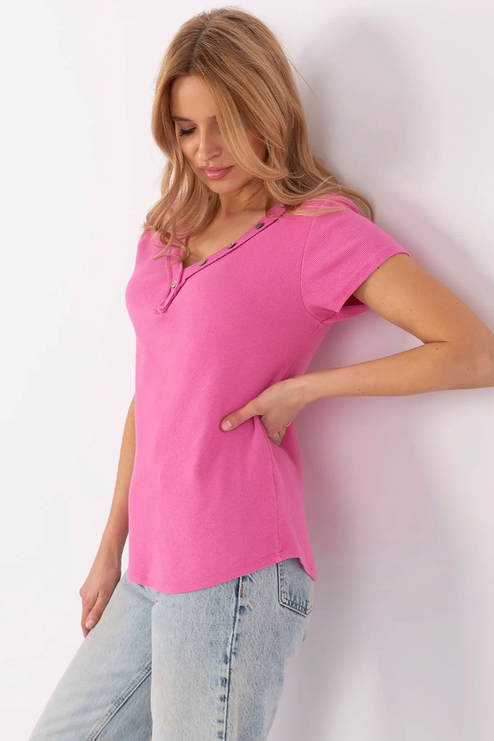Women Fitted Blouse V Neck Ribbed - ShalayeFashion