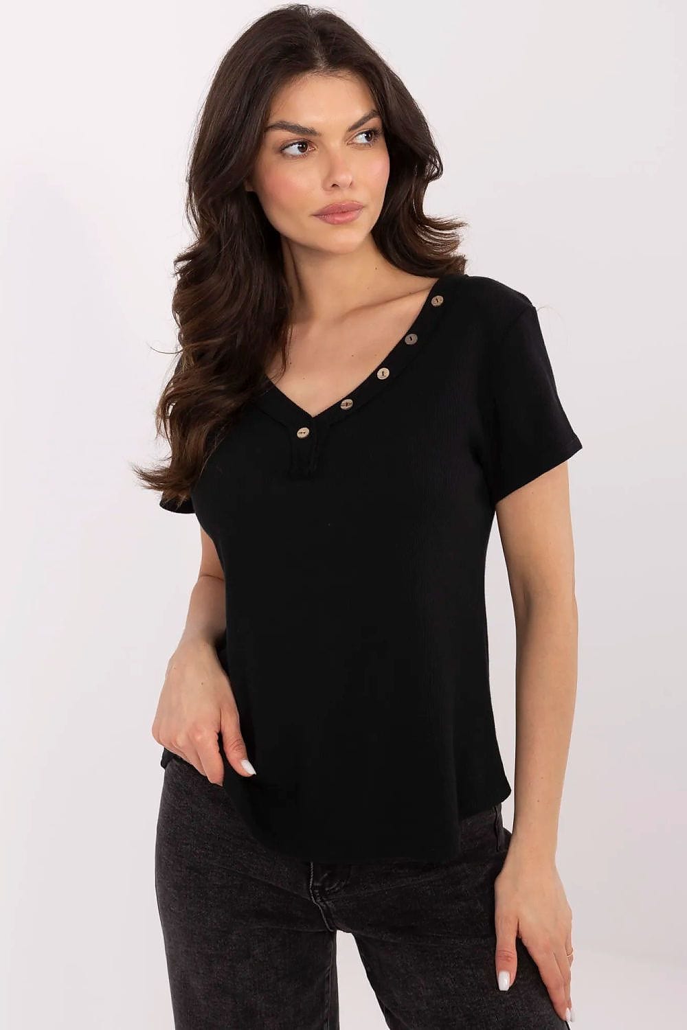 Women Fitted Blouse V Neck Ribbed - ShalayeFashion