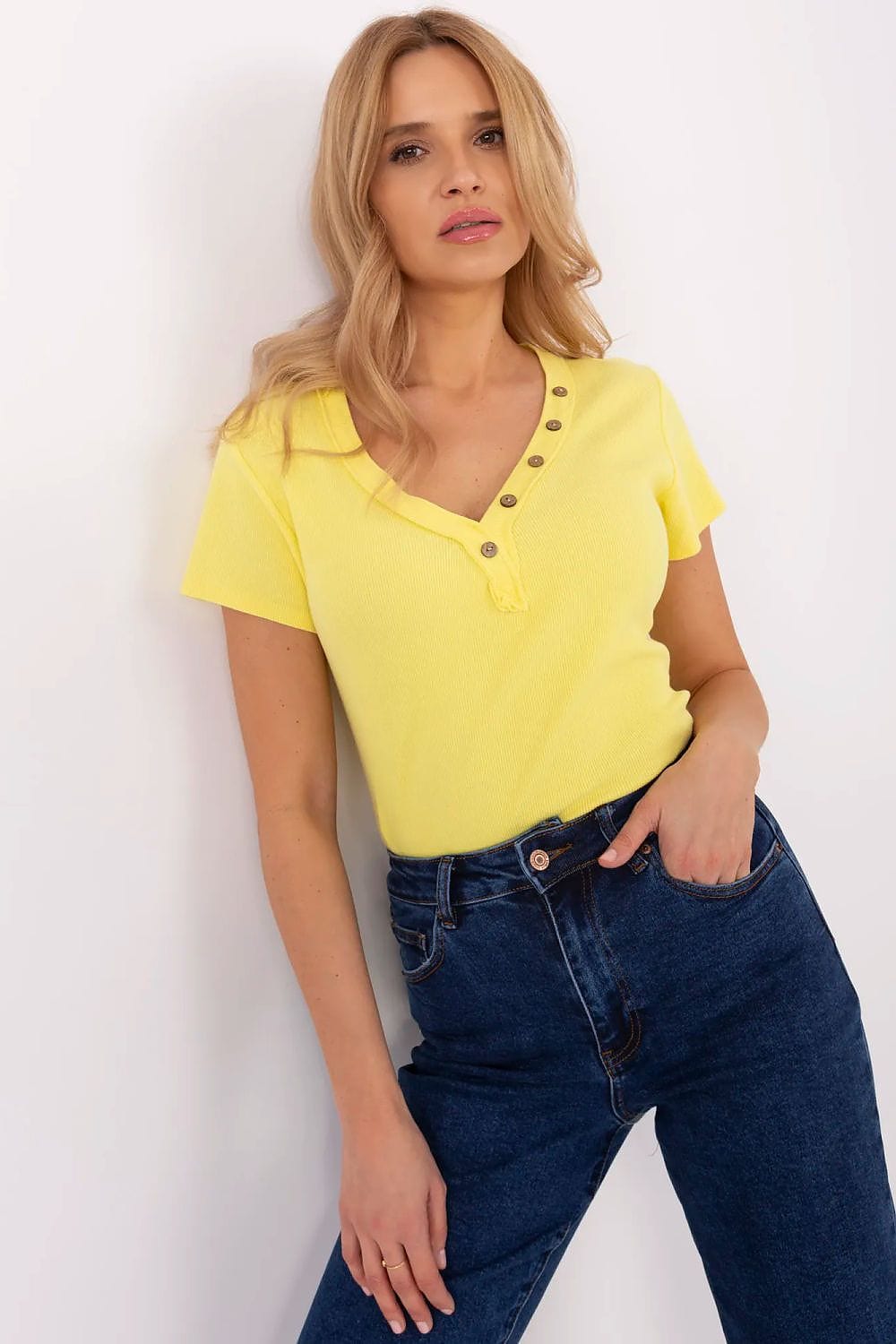 Women Fitted Blouse V Neck Ribbed - ShalayeFashion