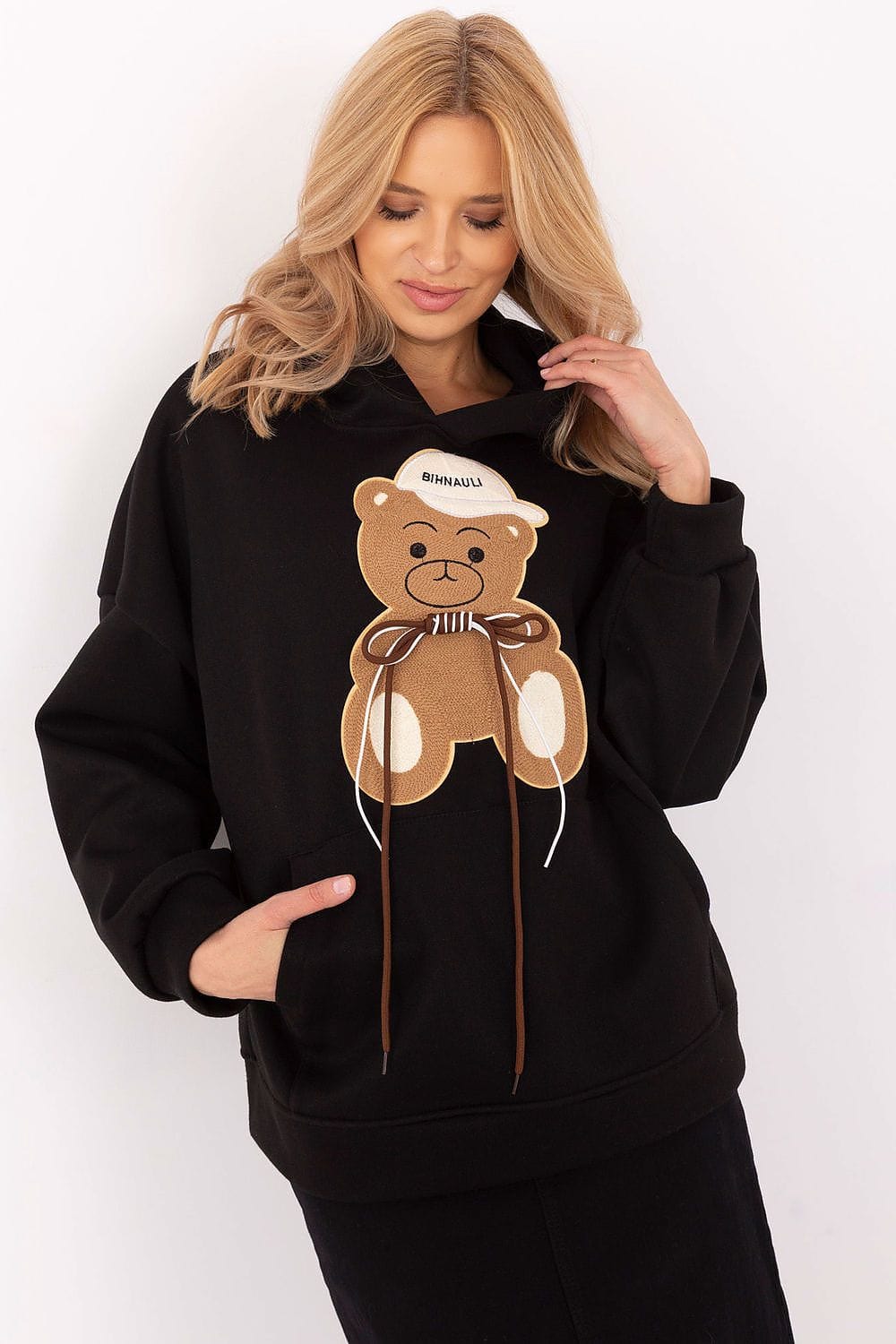 Women Hoodie Teddy Bear Patch Pocket - ShalayeFashion
