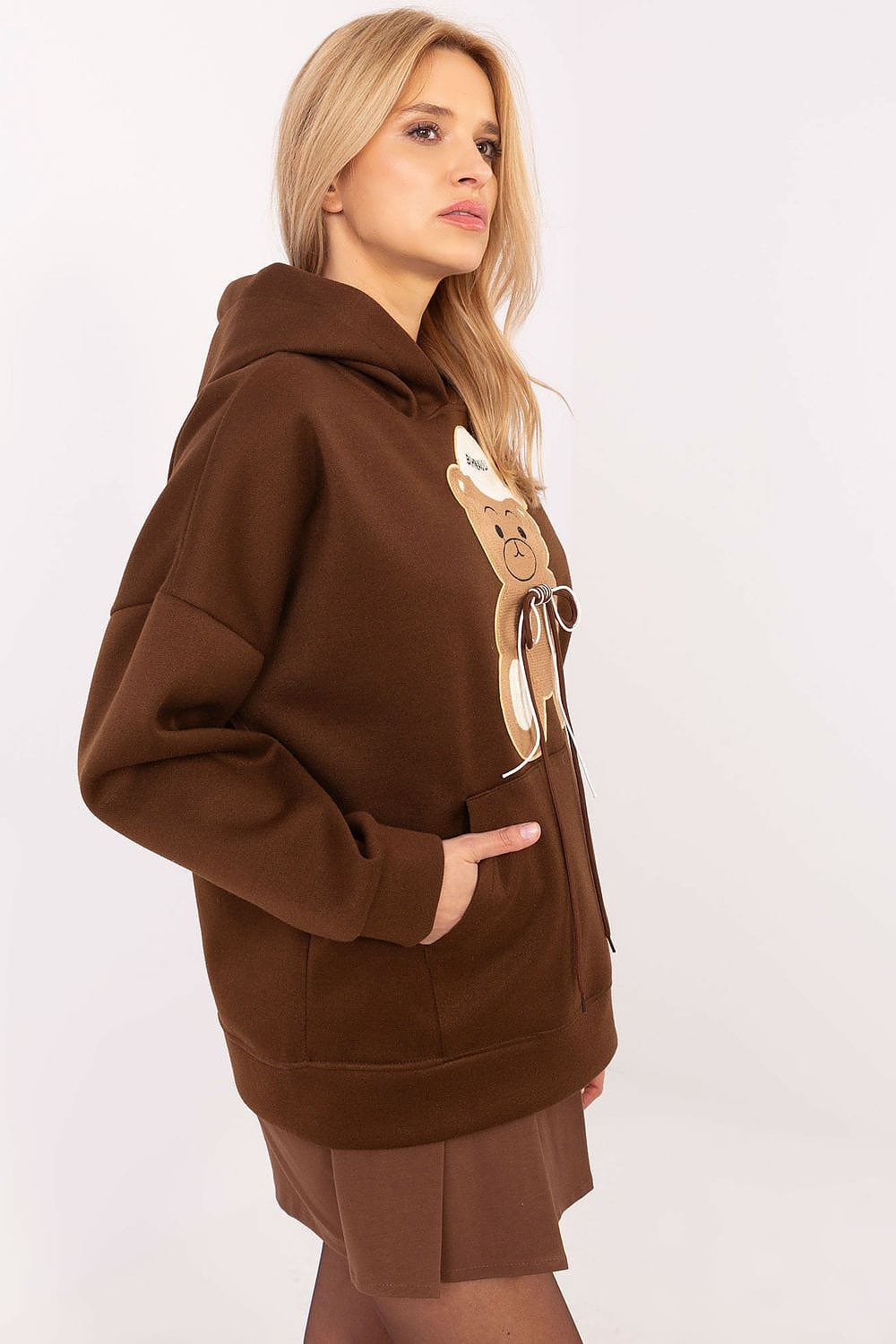 Women Hoodie Teddy Bear Patch Pocket - ShalayeFashion