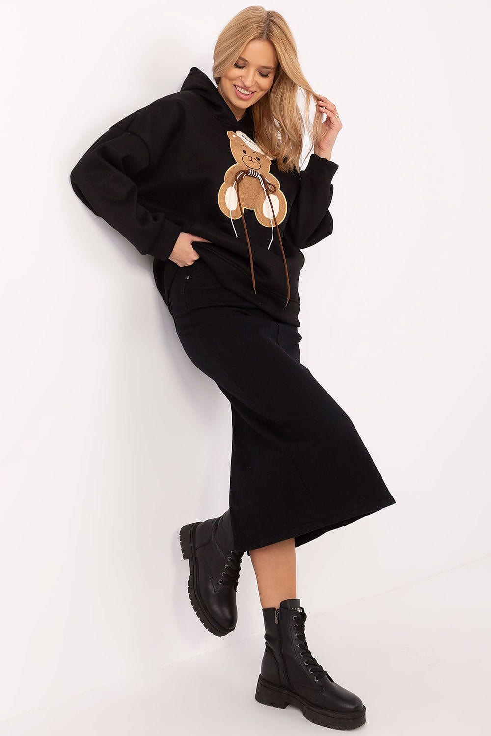 Women Hoodie Teddy Bear Patch Pocket - ShalayeFashion