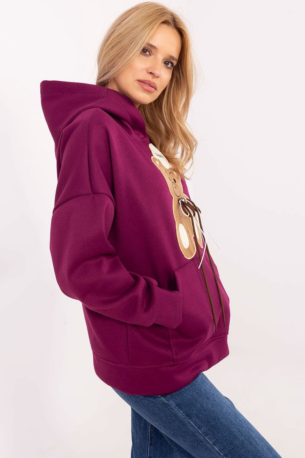 Women Hoodie Teddy Bear Patch Pocket - ShalayeFashion