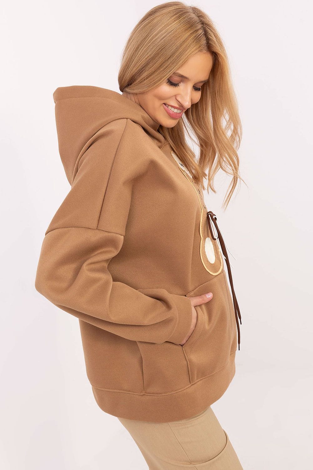 Women Hoodie Teddy Bear Patch Pocket - ShalayeFashion
