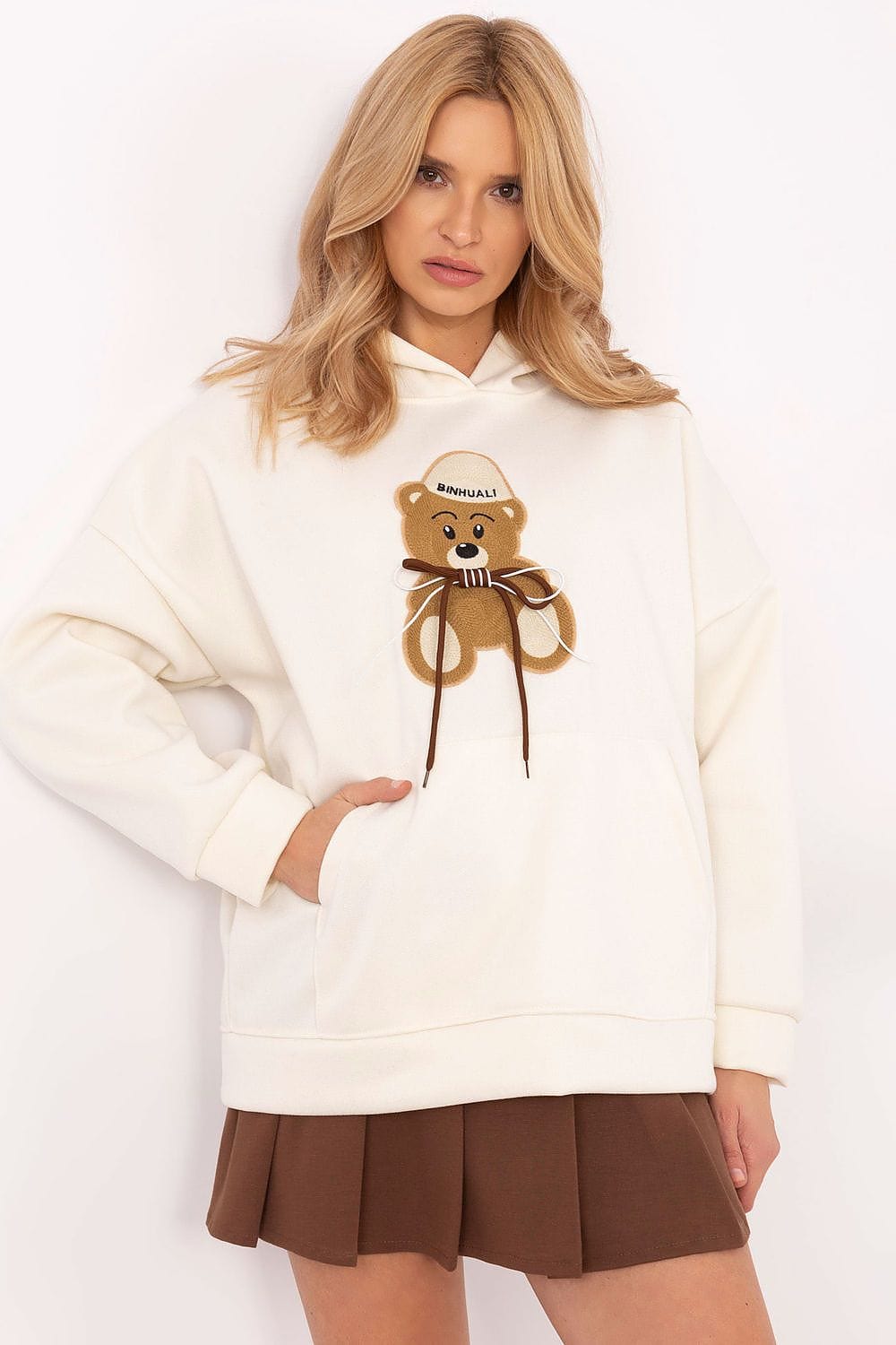 Women Hoodie Teddy Bear Patch Pocket - ShalayeFashion