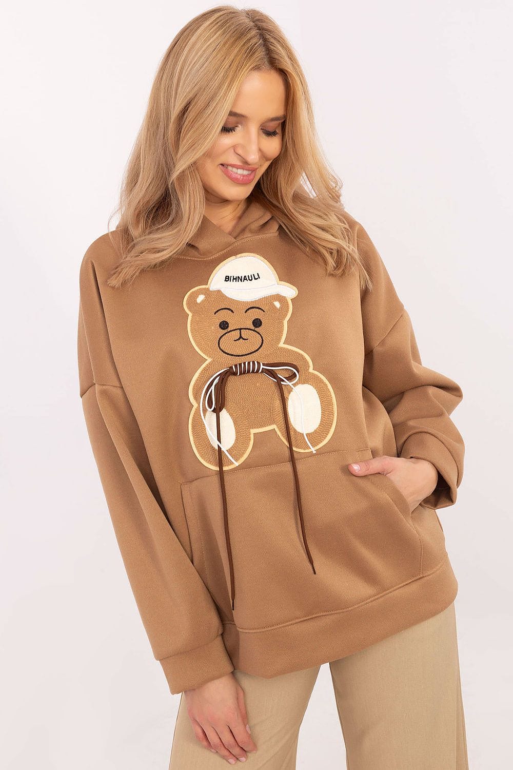Women Hoodie Teddy Bear Patch Pocket - ShalayeFashion