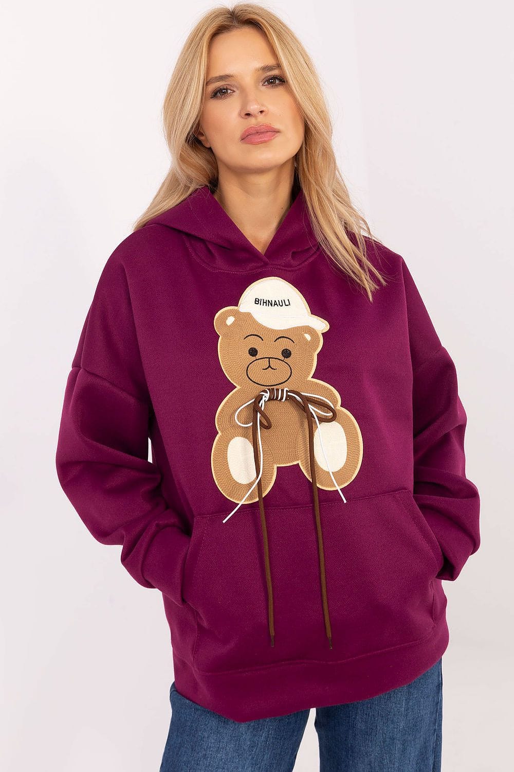 Women Hoodie Teddy Bear Patch Pocket - ShalayeFashion