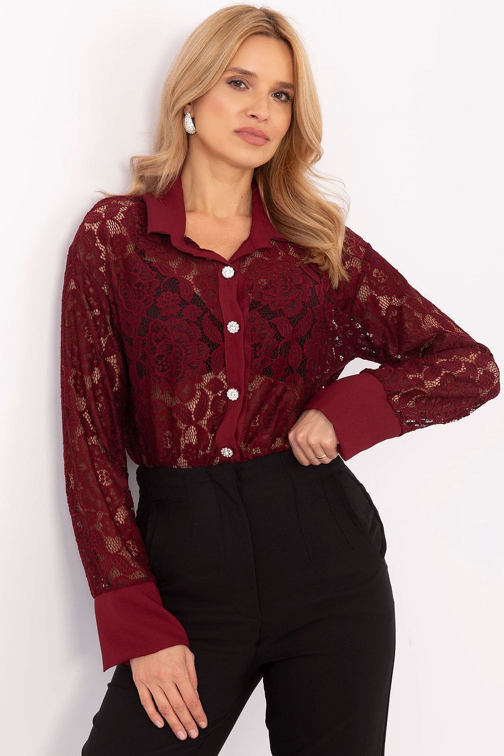 Women Lace Shirt Openwork Pattern - ShalayeFashion