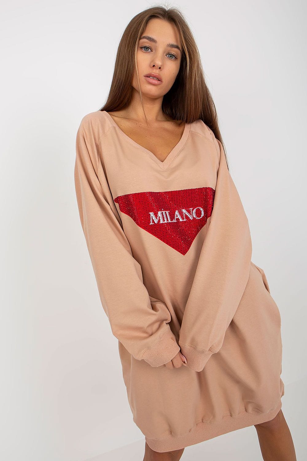 Women Long Sweatshirt Jet Stones V - neck - ShalayeFashion