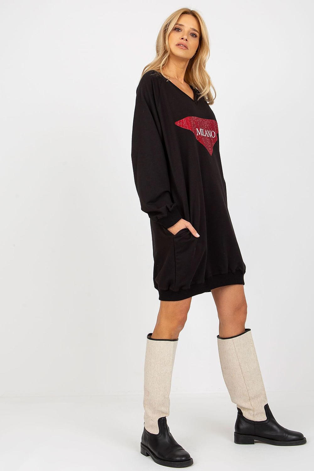Women Long Sweatshirt Jet Stones V - neck - ShalayeFashion