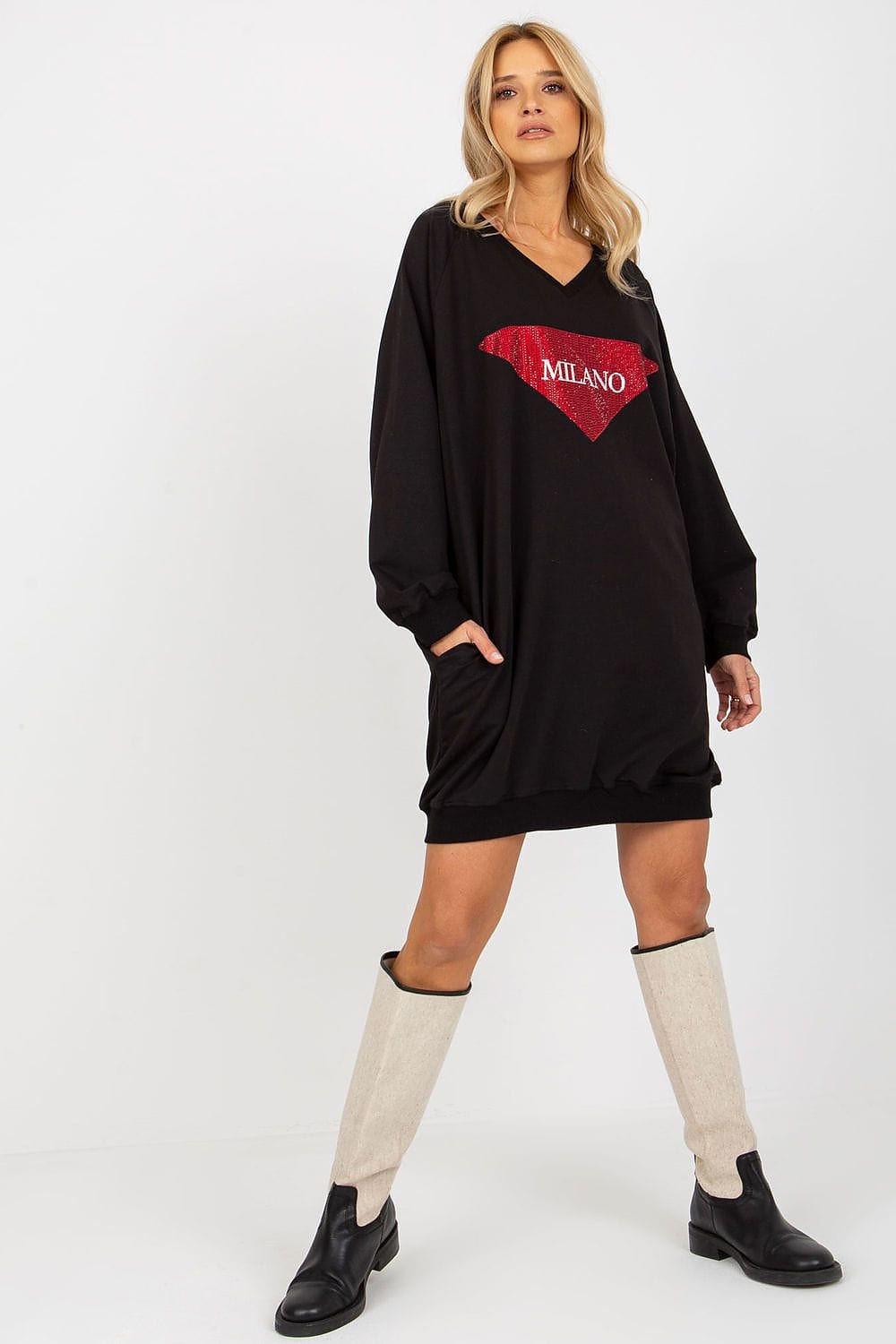 Women Long Sweatshirt Jet Stones V - neck - ShalayeFashion