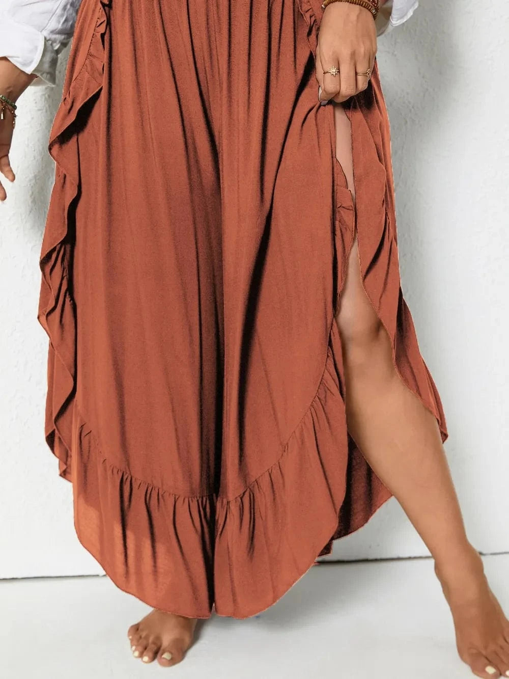 Women Plus Size Ruffle Wide Leg Pants - ShalayeFashion