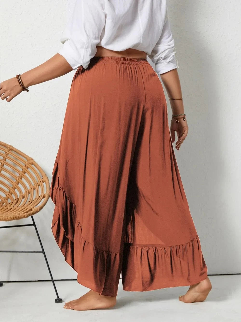 Women Plus Size Ruffle Wide Leg Pants - ShalayeFashion