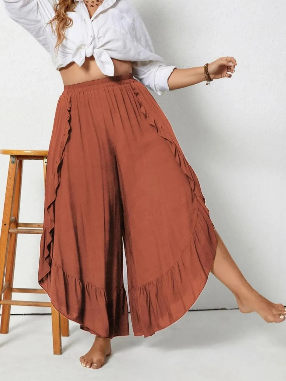 Women Plus Size Ruffle Wide Leg Pants - ShalayeFashion