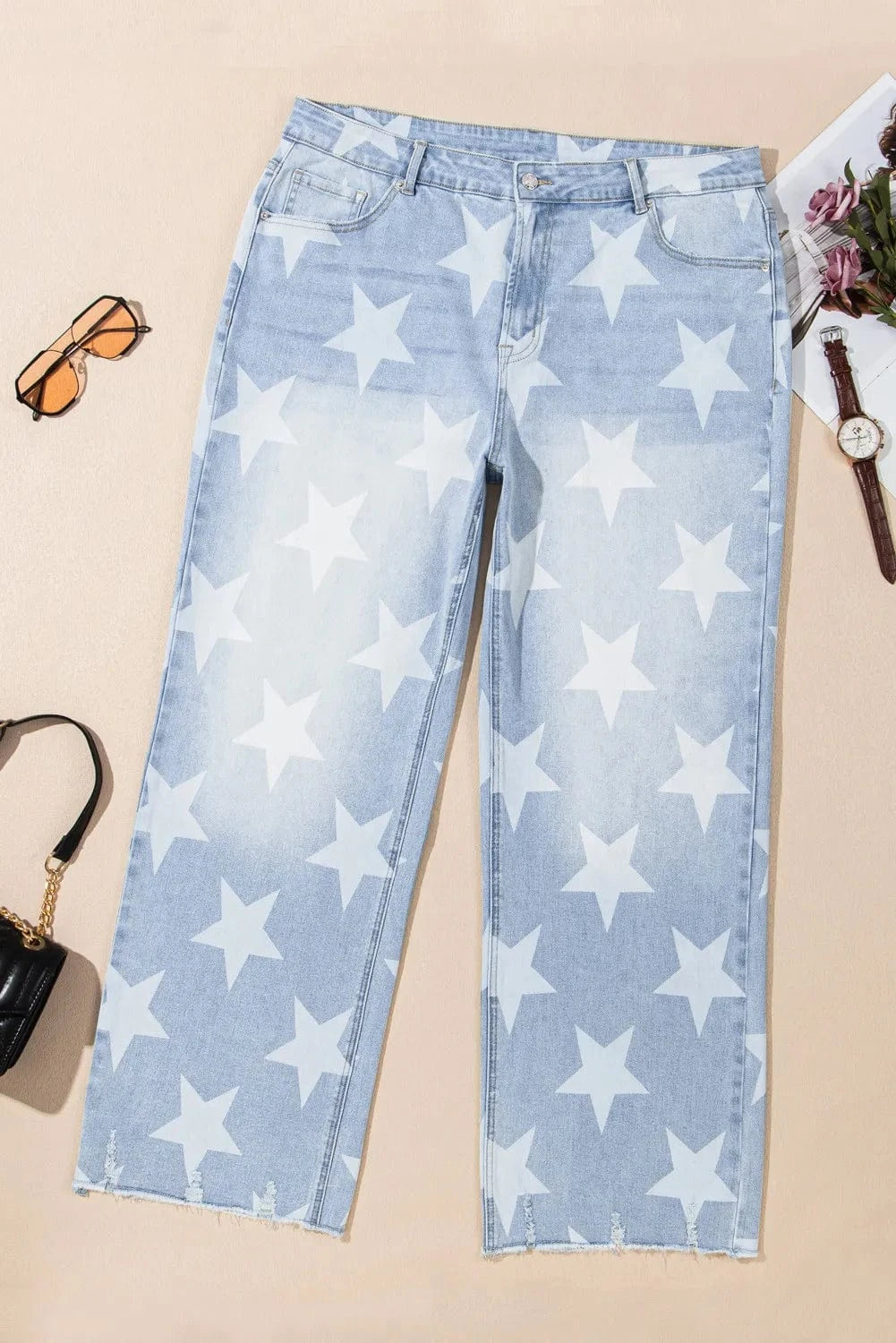 Women Plus Size Star Straight Leg Jeans - ShalayeFashion
