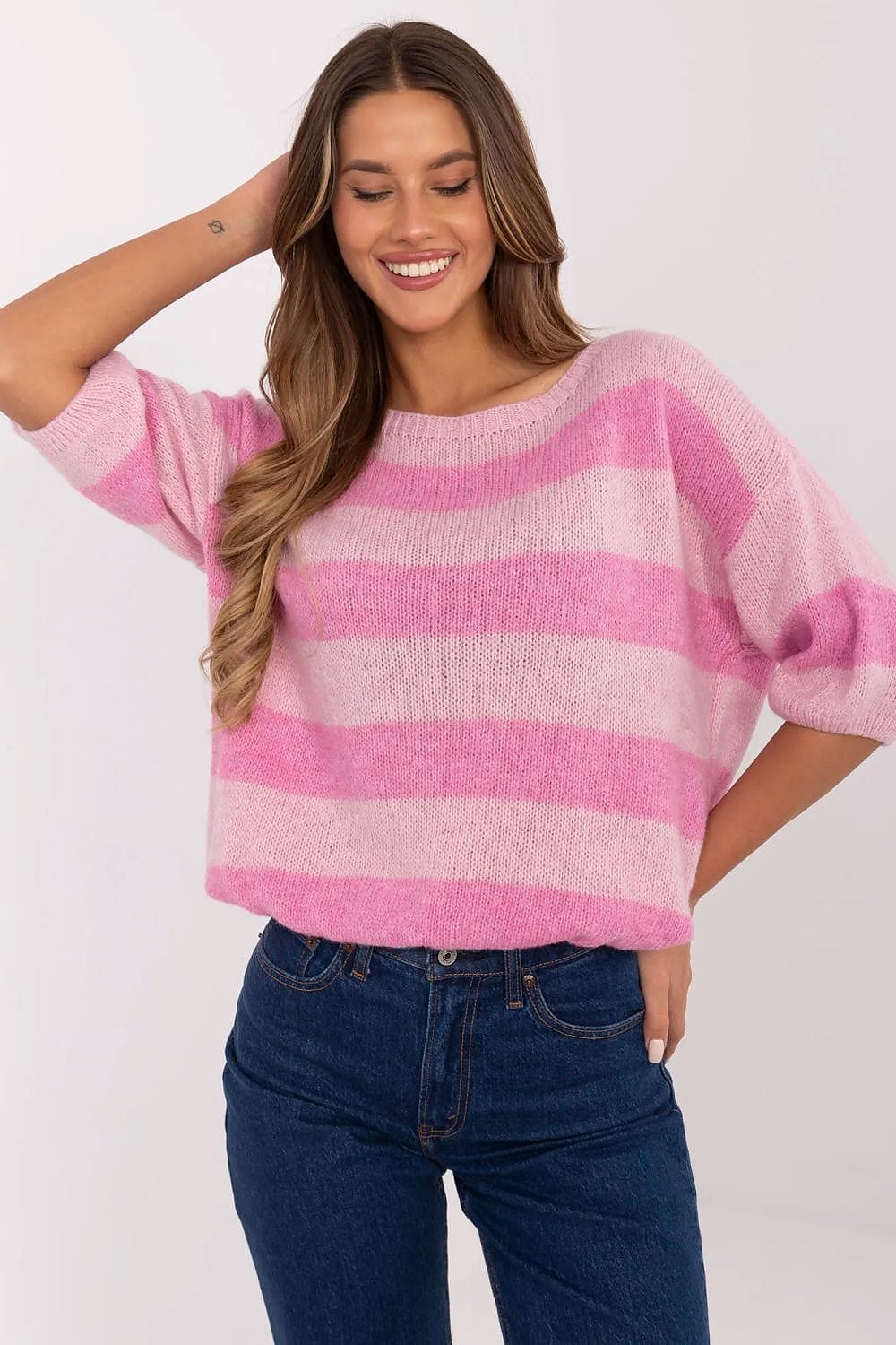 Women Striped Sweater 3/4 Sleeve - ShalayeFashion
