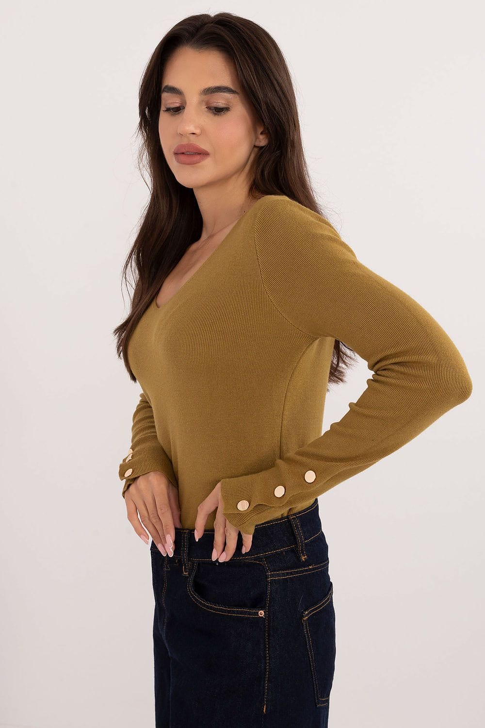 Women V - Neck Sweater Button Wrists - ShalayeFashion