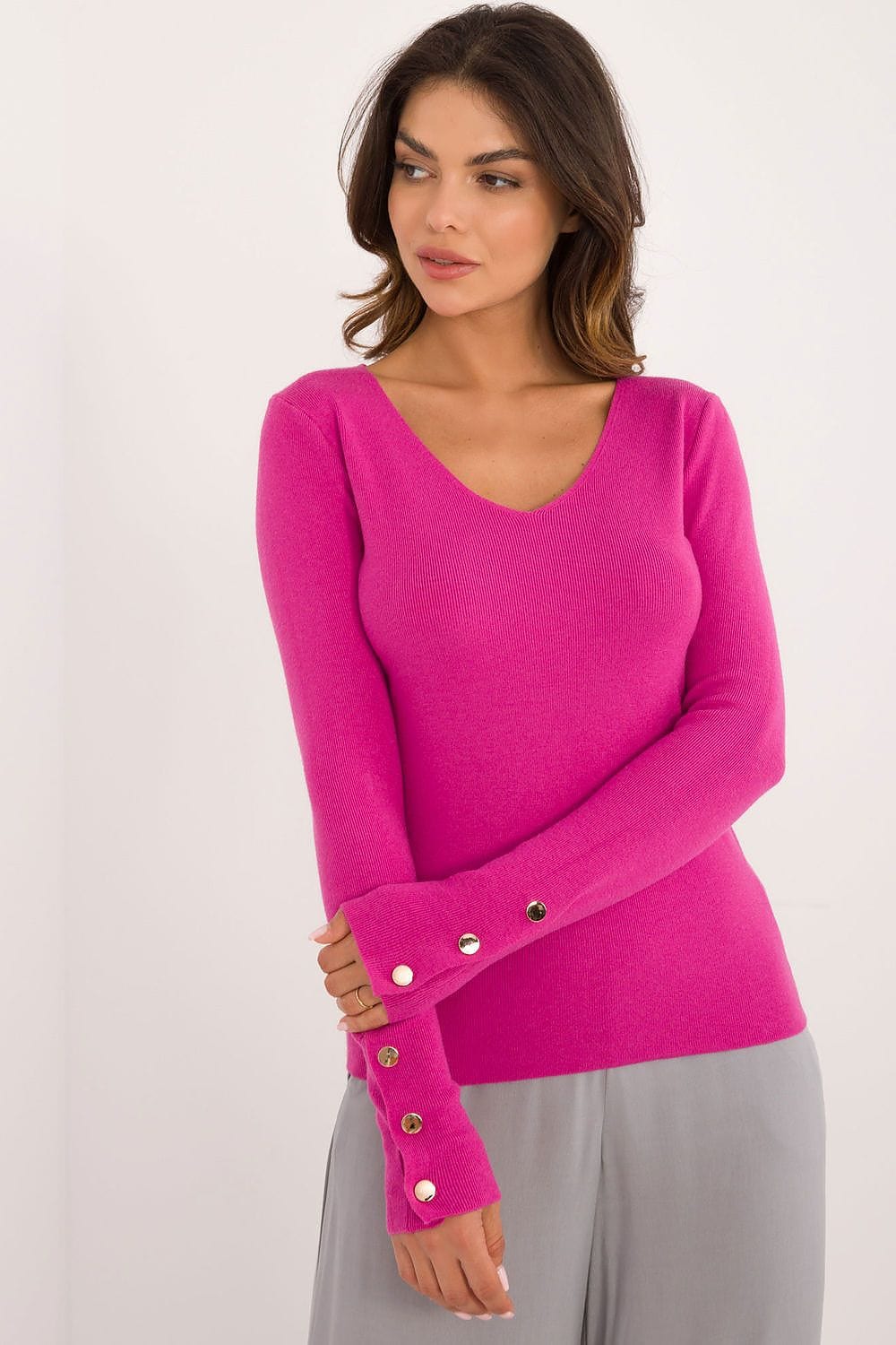 Women V - Neck Sweater Button Wrists - ShalayeFashion
