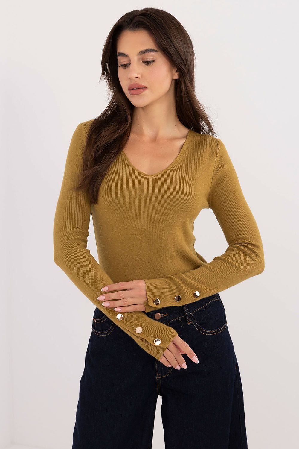 Women V - Neck Sweater Button Wrists - ShalayeFashion