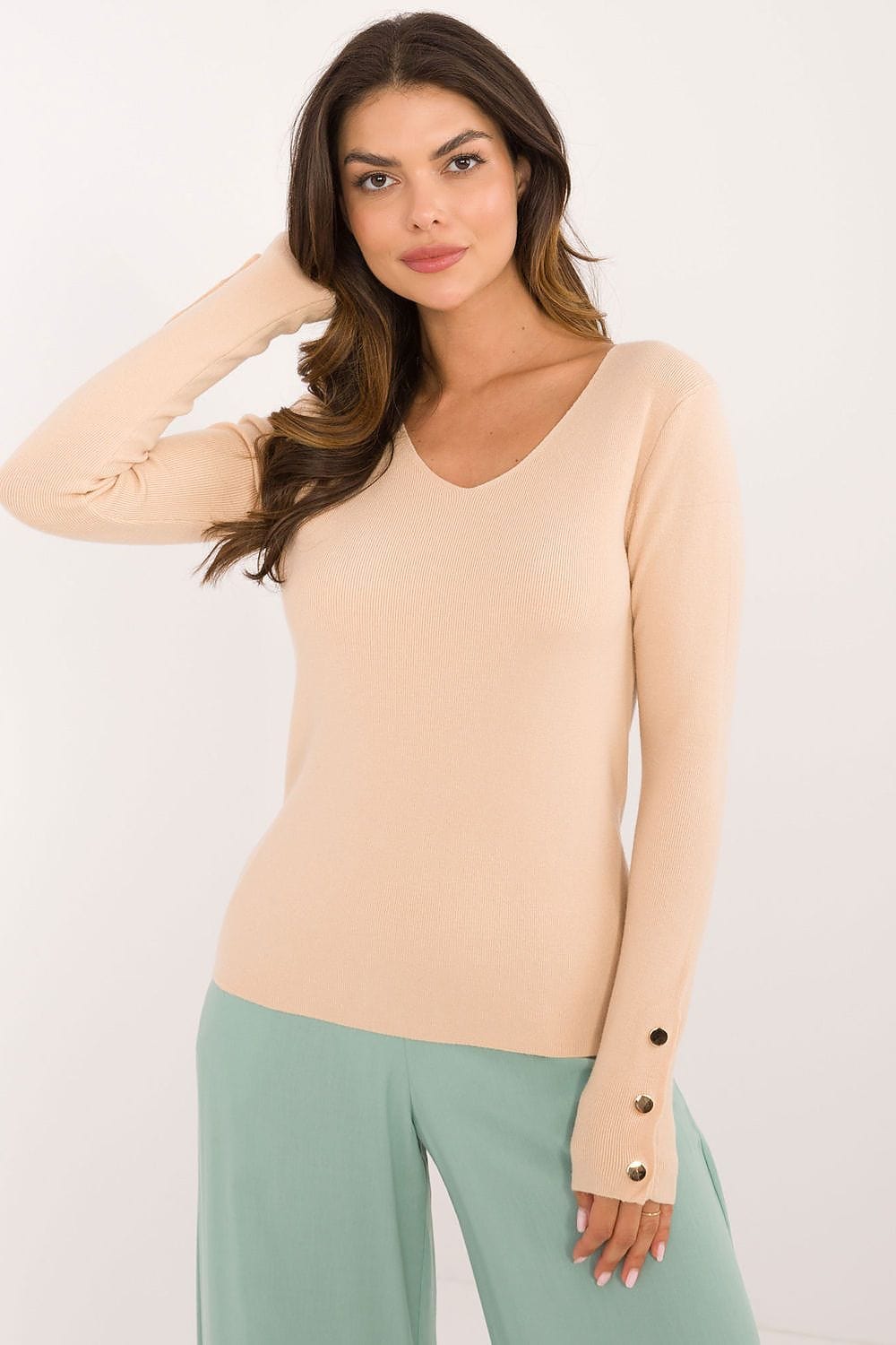 Women V - Neck Sweater Button Wrists - ShalayeFashion