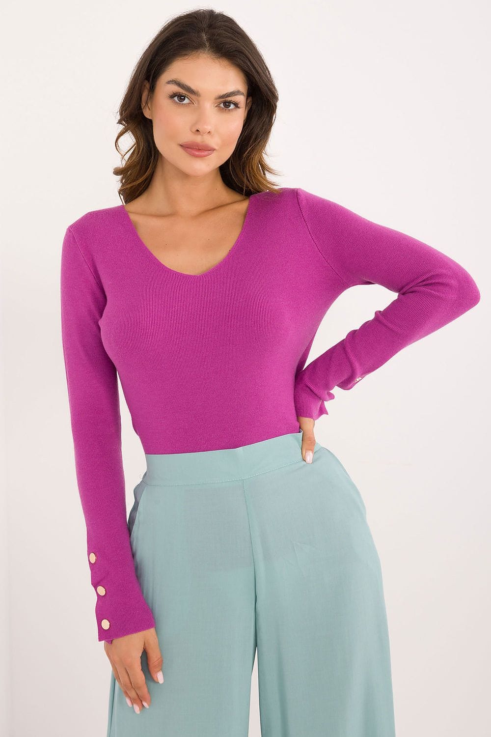 Women V - Neck Sweater Button Wrists - ShalayeFashion