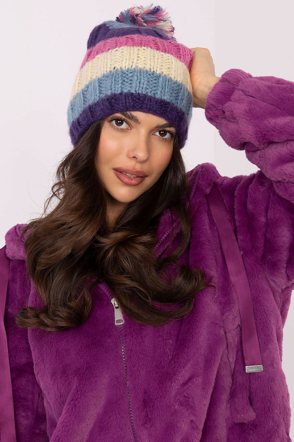 Women Winter Beanie Colorful Stripes Pom - ShalayeFashion