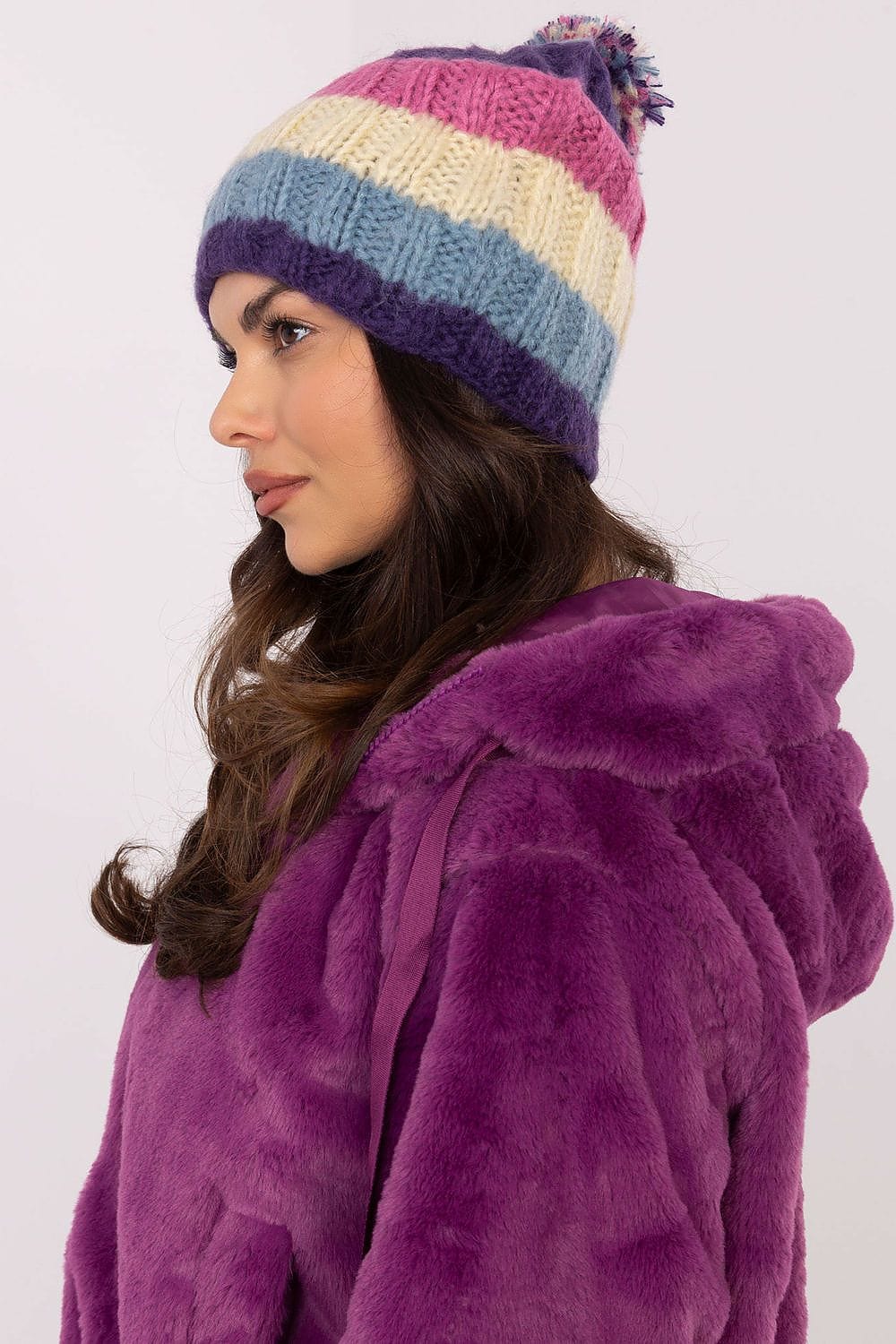 Women Winter Beanie Colorful Stripes Pom - ShalayeFashion