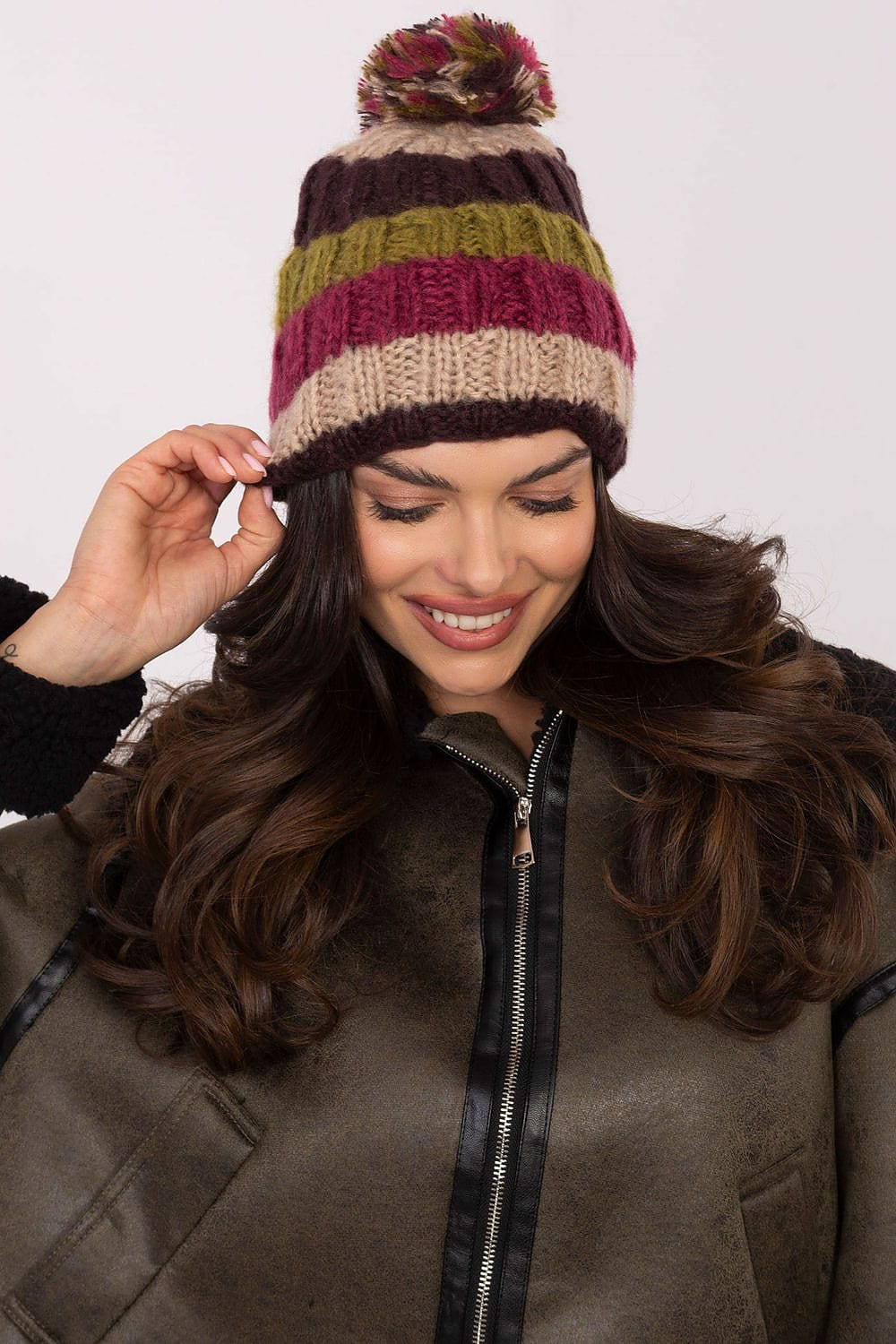 Women Winter Beanie Colorful Stripes Pom - ShalayeFashion