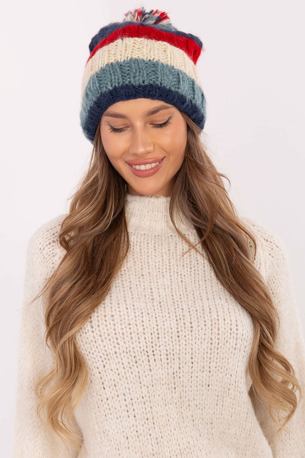 Women Winter Beanie Colorful Stripes Pom - ShalayeFashion