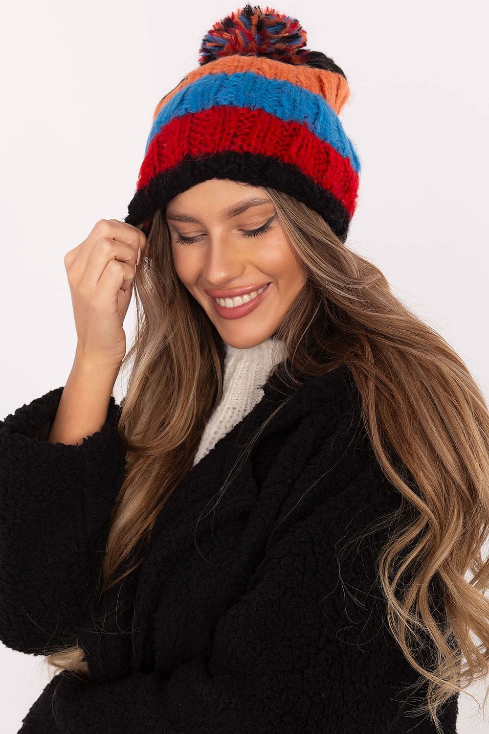 Women Winter Beanie Colorful Stripes Pom - ShalayeFashion