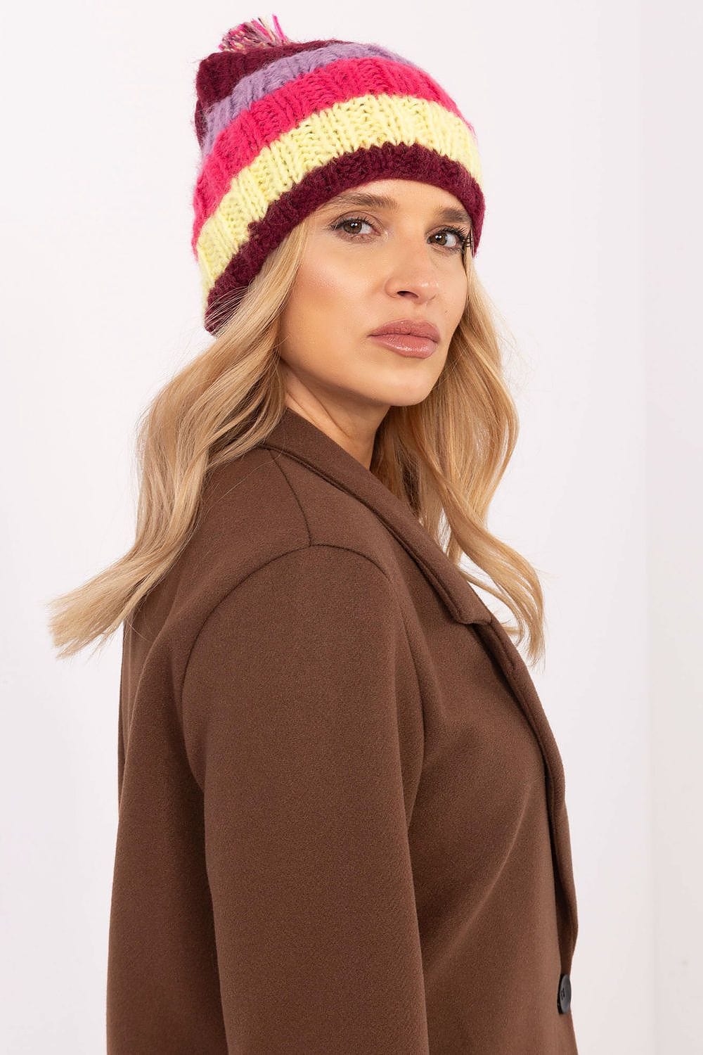 Women Winter Beanie Colorful Stripes Pom - ShalayeFashion