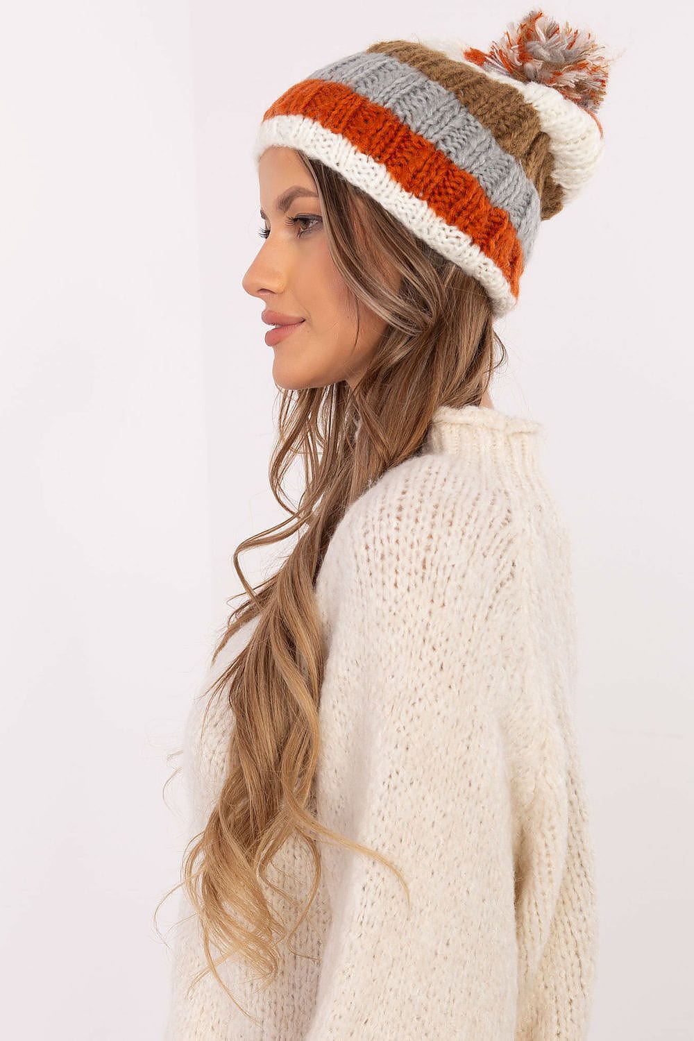 Women Winter Beanie Colorful Stripes Pom - ShalayeFashion