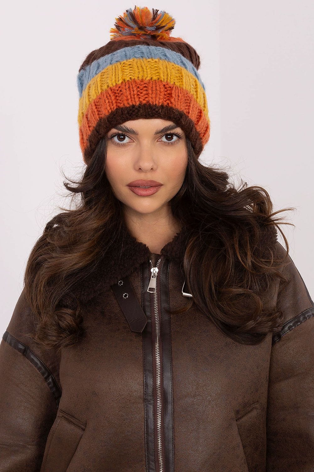 Women Winter Beanie Colorful Stripes Pom - ShalayeFashion