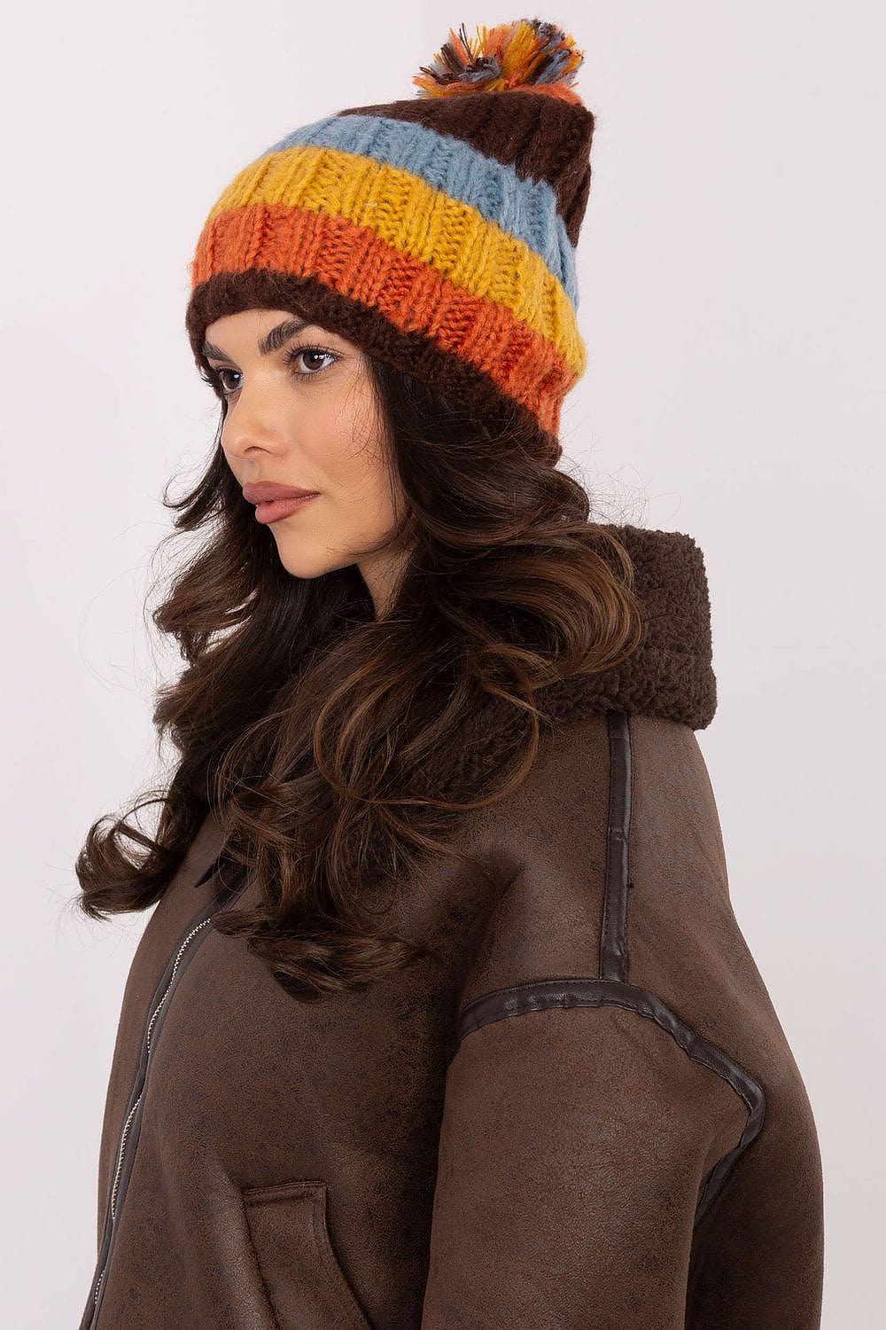 Women Winter Beanie Colorful Stripes Pom - ShalayeFashion