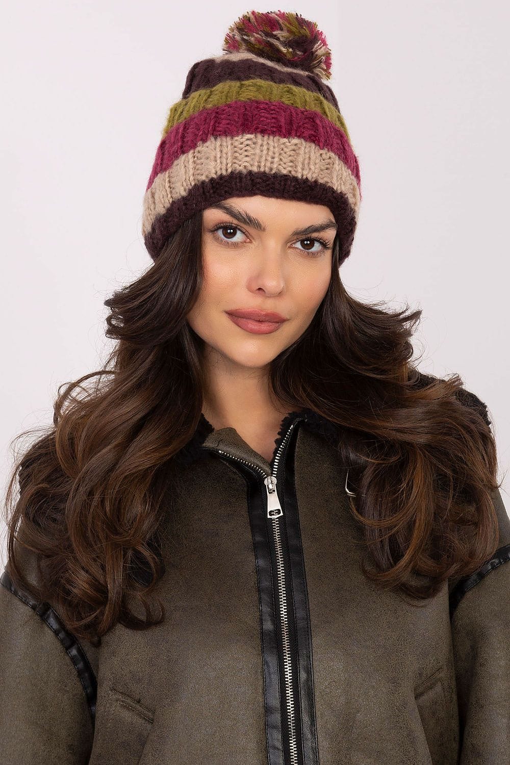 Women Winter Beanie Colorful Stripes Pom - ShalayeFashion