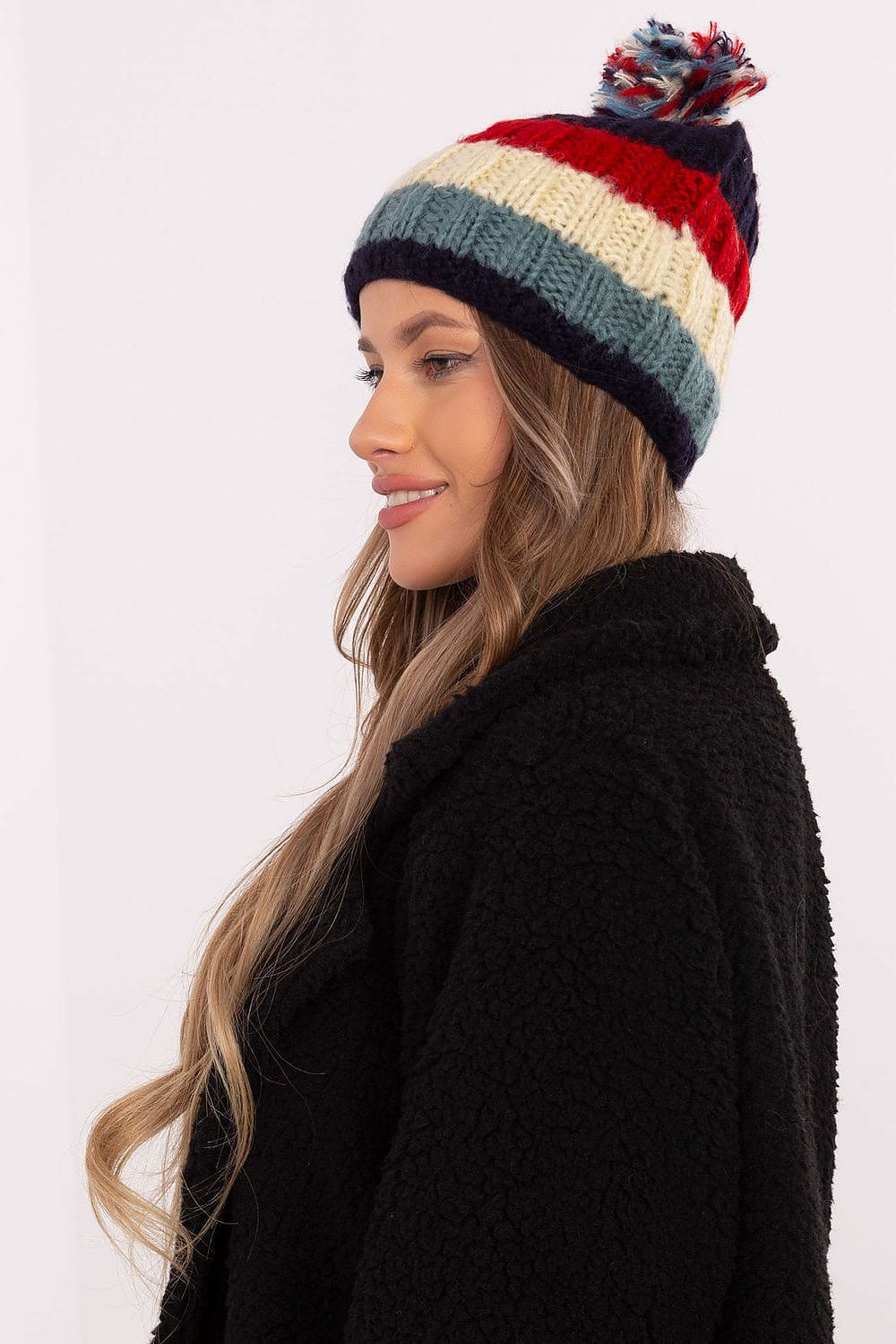 Women Winter Beanie Colorful Stripes Pom - ShalayeFashion