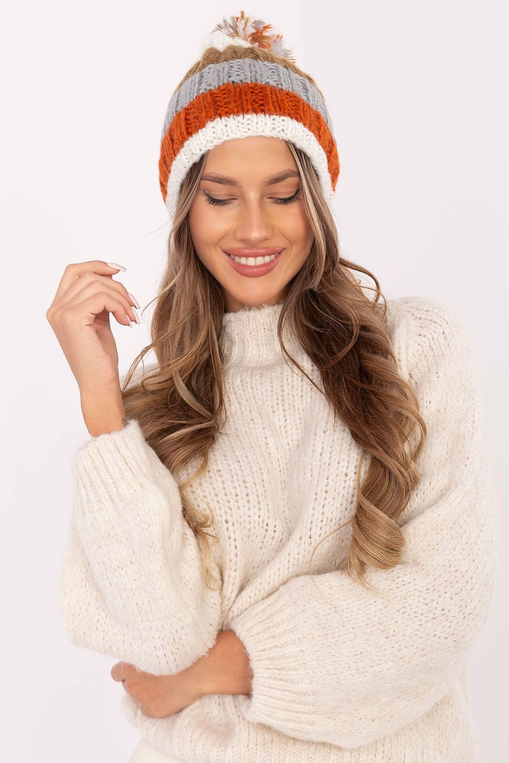Women Winter Beanie Colorful Stripes Pom - ShalayeFashion