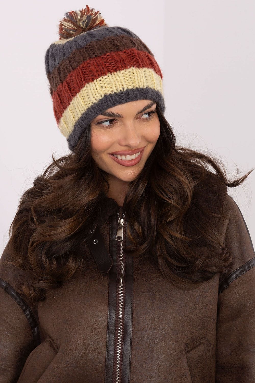Women Winter Beanie Colorful Stripes Pom - ShalayeFashion