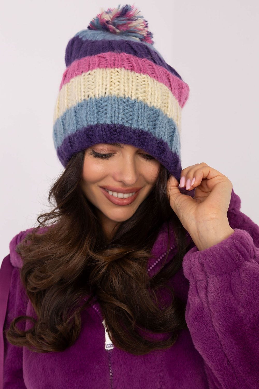 Women Winter Beanie Colorful Stripes Pom - ShalayeFashion