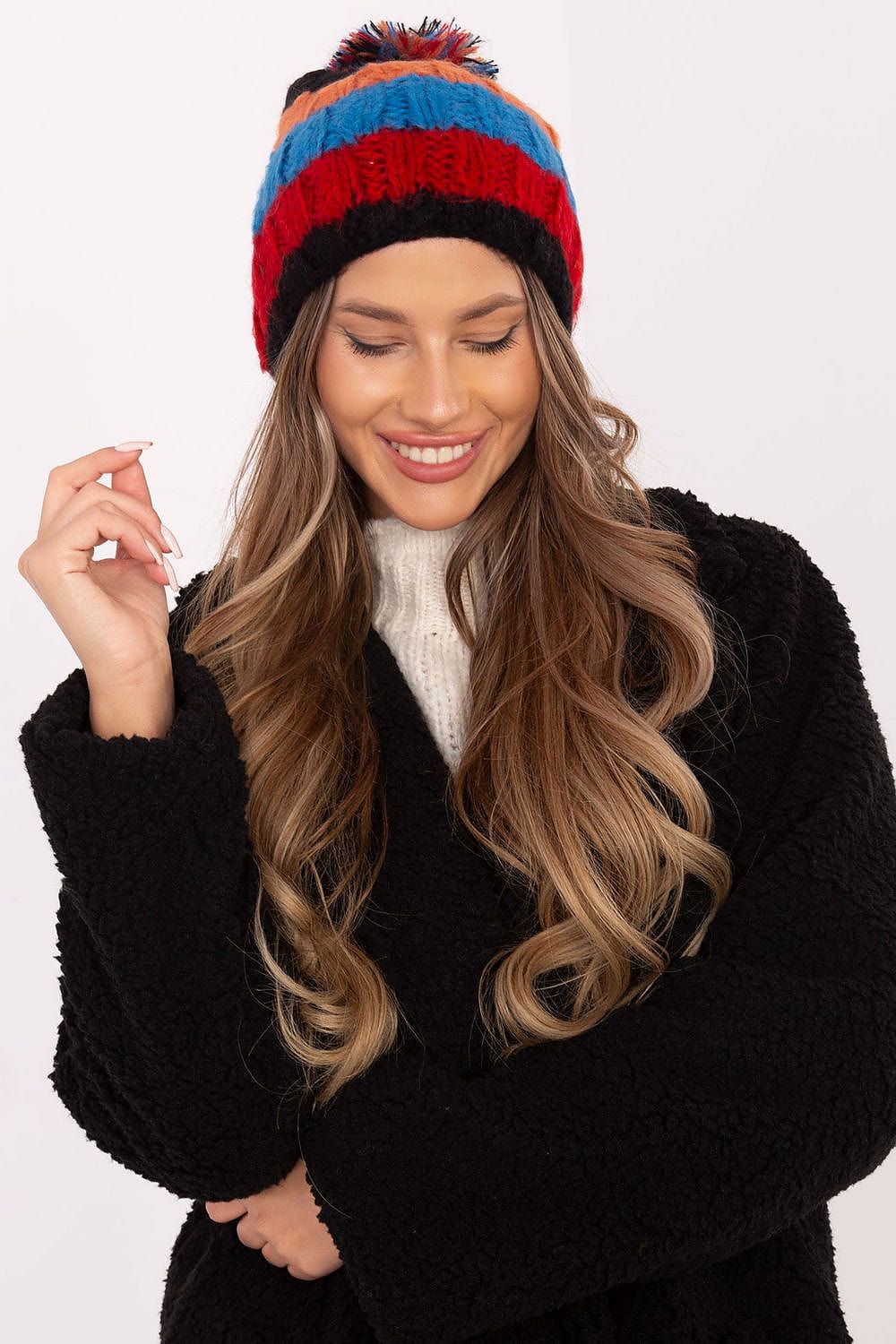 Women Winter Beanie Colorful Stripes Pom - ShalayeFashion
