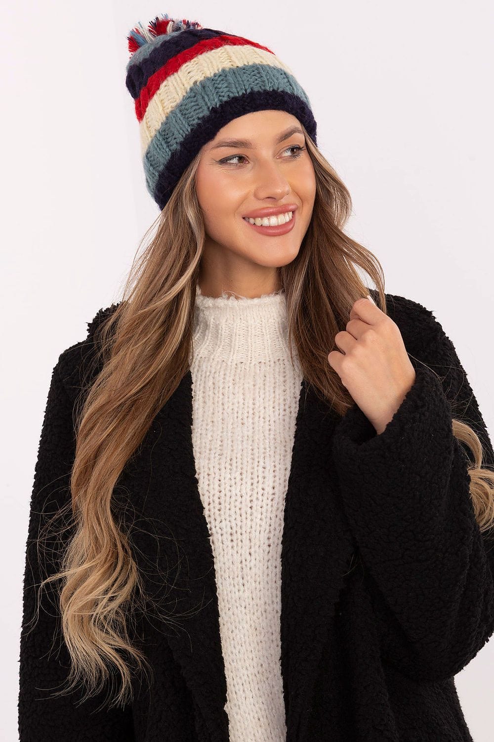 Women Winter Beanie Colorful Stripes Pom - ShalayeFashion