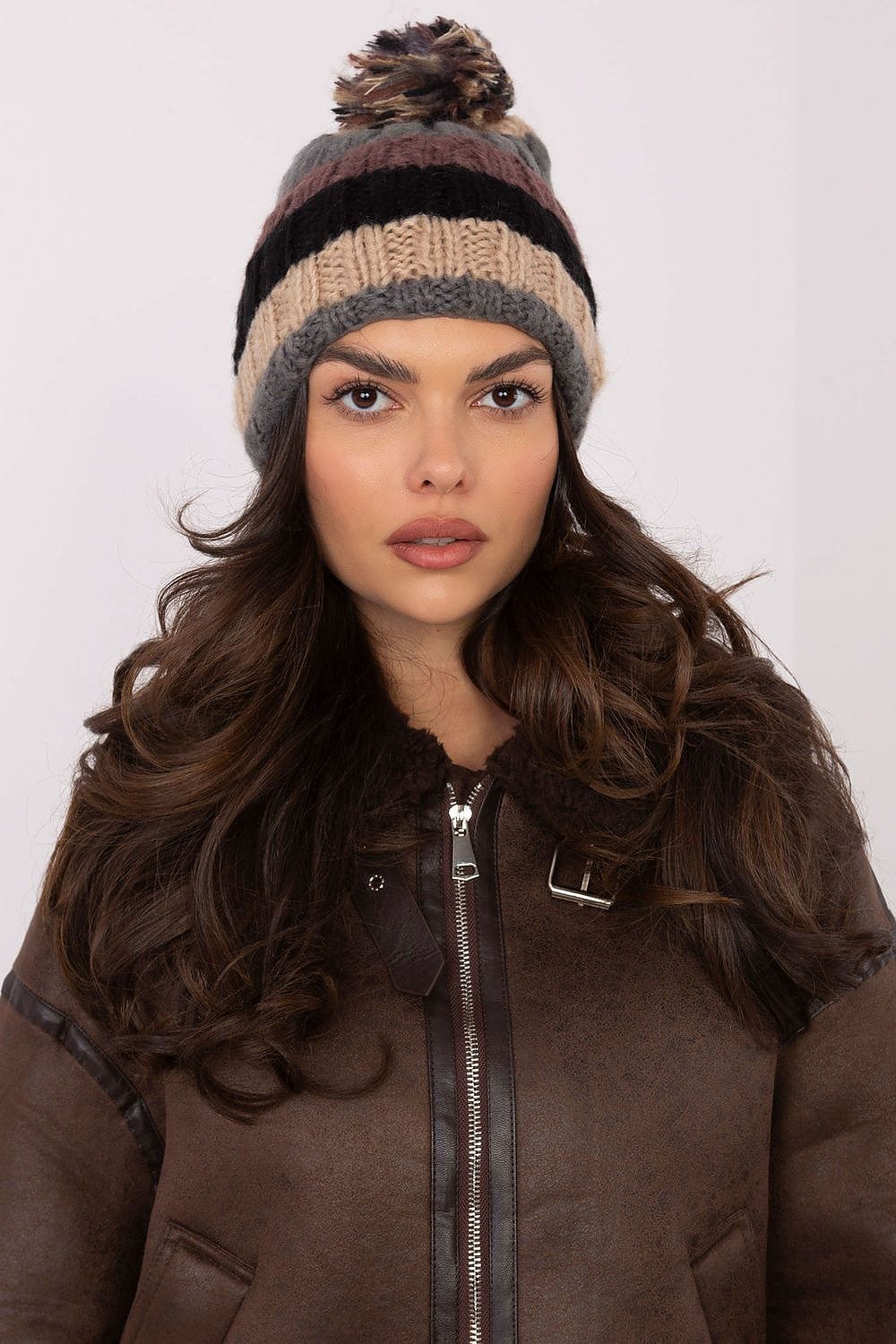 Women Winter Beanie Colorful Stripes Pom - ShalayeFashion