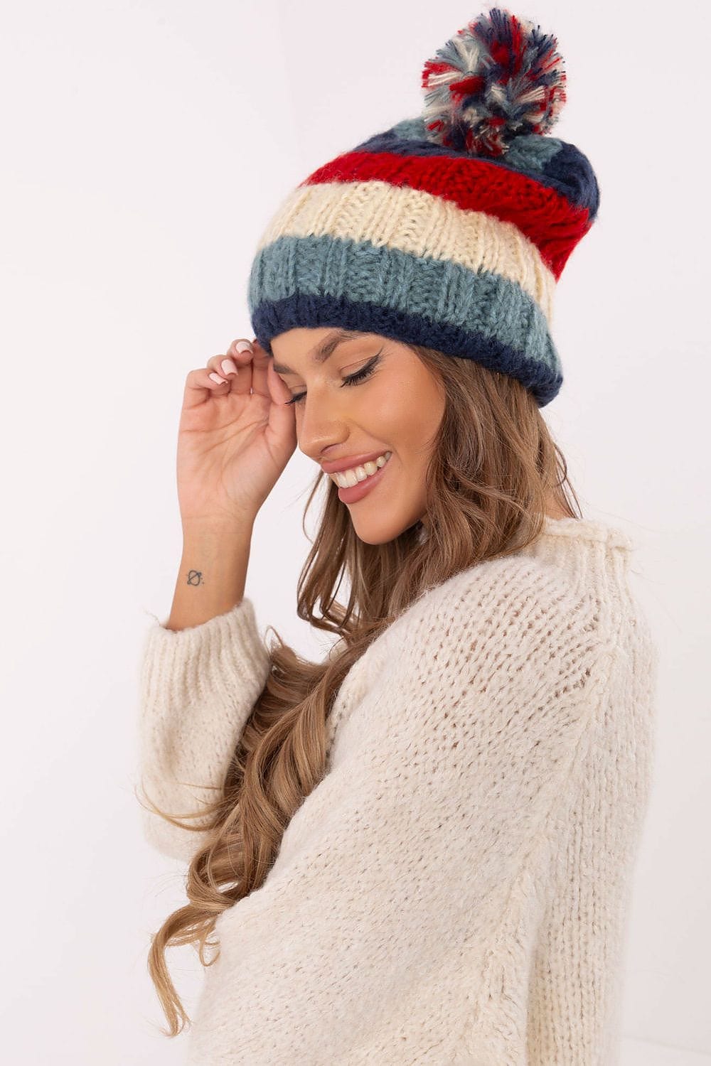 Women Winter Beanie Colorful Stripes Pom - ShalayeFashion